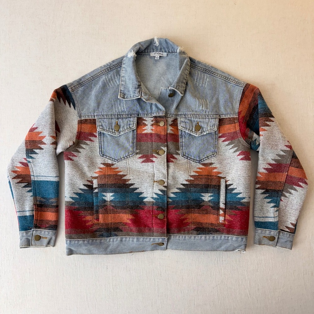 Polagram Aztec Tapestry Denim Jacket Oversized Southwestern Women Small Blue